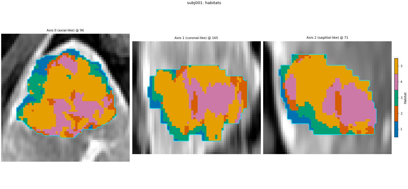 subj001: habitats, Axis 0 (axial-like) @ 96, Axis 1 (coronal-like) @ 165, Axis 2 (sagittal-like) @ 71