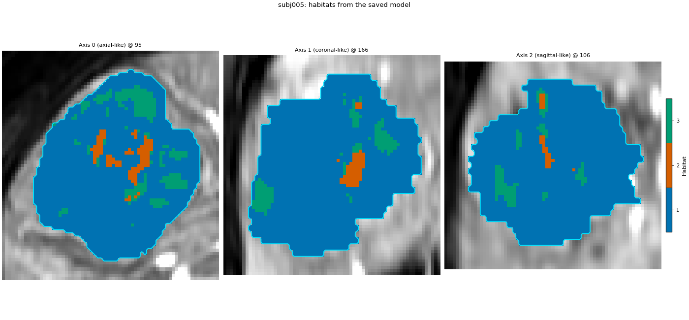 subj005: habitats from the saved model, Axis 0 (axial-like) @ 95, Axis 1 (coronal-like) @ 166, Axis 2 (sagittal-like) @ 106